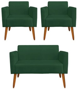 Conjunto Namoradeira e 2 Poltronas Decorativas Isabella Pés Palito Madeira Suede Verde G19 - Gran Belo