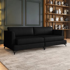 Sofá Living Bipartido 230cm Indonésia Pés de Ferro Couro Preto G52 - Gran Belo