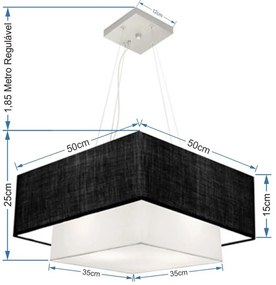 Lustre Pendente Duplo Quadrado Vivare Md-4066 Cúpula em Tecido 50x35cm Preto / Branco - Bivolt
