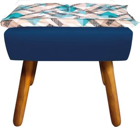 Kit 01 Namoradeira com 02 Poltronas e 02 Puffs Opala Composê Suede com Estampado Traçado Azul D33 Pés Palito Castanho - Azul Marinho