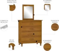 Cômoda Quarto 82cm Madeira Com Espelho 4 Gavetas Carl Imbuia Z25 - Mpo