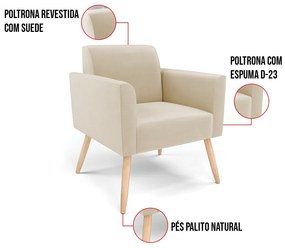 Poltrona Pés Palito Natural Marisa Suede - Bege
