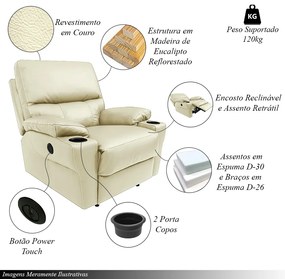 Poltrona do Papai Sala de Cinema Reclinável Mia Power Elétrico Base Fixa Couro Off White G40 - Gran Belo