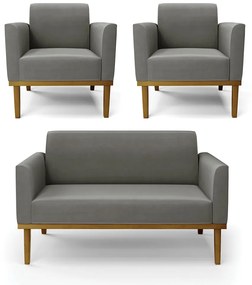 Conjunto 2 Poltronas e 1 Namoradeira Decorativa Isabella Pés Fixo em Madeira Castanho Suede Grafite G19 - Gran Belo