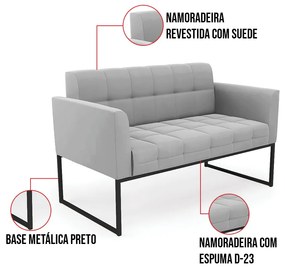 Kit 1 Sofá Namoradeira e 1 Poltrona Elisa Suede Base Metálica Industrial Preto D03 - D'Rossi - Cinza