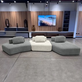 Sofá Ilha Sala de Estar 2 Módulos e Chaise Dakota Encosto Almofadas Soltas Bouclê Rústico Cinza/OffWhite G33 - Gran Belo