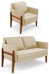 Kit 1 Sofá Namoradeira e 1 Poltrona Lana Suede Bege Base de Madeira - D'Rossi