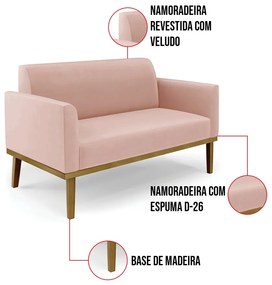 Sofá Namoradeira com 2 Poltronas Base de Madeira Fixa Castanho Marisa Veludo - Rose