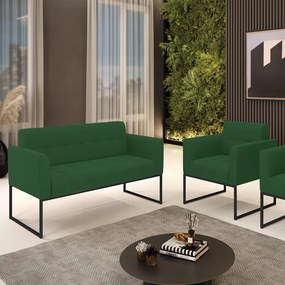 Kit 1 Sofá Namoradeira e 1 Poltrona Elisa Veludo Verde Base Metálica Industrial Preto - D'Rossi