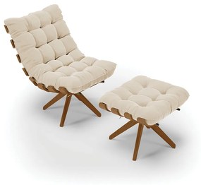 Poltrona com Puff Giratório Costela Suede Base de Madeira MA30 M11 - D'Rossi - Bege