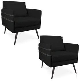 Kit 02 Poltronas Mari Suede Preto Pés Palito de Ferro Preto - D'Rossi