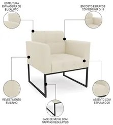 Sofá Namoradeira e 2 Poltronas Base Industrial Preto Ana Linho Bege -