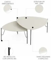 Mesa de Centro Para Sala Pés Metálicos Kit 2 Blen Luna/Preto I06 - Mpo