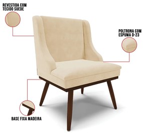 Cadeira de Jantar Liz Suede Base Fixa Madeira com Pés Palito Tabaco D03 - D'Rossi - Bege