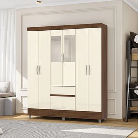 Guarda Roupa Casal Abruzzo 6 Portas de Bater 2 com Espelhos 2 Gavetas Nogueira/OffWhite G98 - Gran Belo