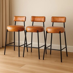 Banqueta Cozinha Alta com Encosto Industrial Preto Kit 3 Londres PU D03 - D'Rossi - Caramelo