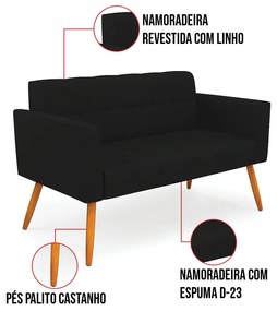 Kit 1 Sofá Namoradeira e 2 Poltronas Elisa Linho Pés Palito Castanho D03 - D'Rossi - A79 Preto