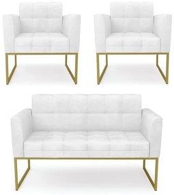 Kit 1 Sofá Namoradeira e 2 Poltronas Elisa Corano Branco Base Metálica Industrial Dourado - D'Rossi
