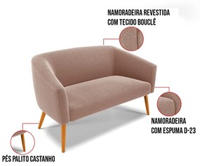Sofá 2 Lugares Namoradeira Pé Palito Castanho Stella Bouclê D03 - D'Rossi - Rose