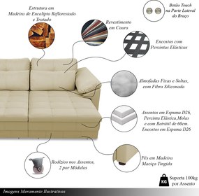 Sofá Retrátil Elétrico Sala de Estar Nolan Bipartido 297cm Conforto Premium em Couro Bege G58 - Gran Belo