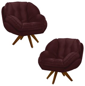 Kit 2 Poltronas Decorativas Base em Madeira Giratória Giroud Veludo Marsala G33 - Gran Belo