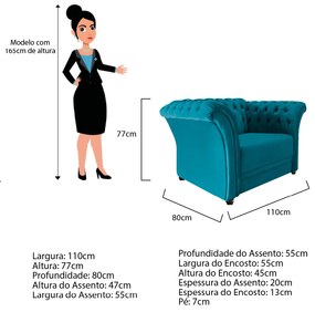 Poltrona Decorativa Chesterfield Sofia Suede Azul Turquesa - ADJ Decor