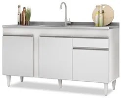 Balcão Gabinete com Pia Inox 150cm 3 Portas 1 Gaveta Dakota Branco - L