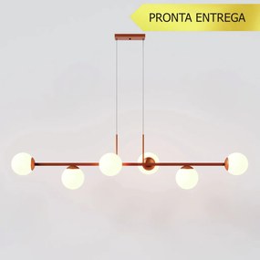 Pendente Six Retângular 124X25,5X27Cm Alumínio E Globo Ø12Cm Fosco 6Xg... (COBRE, FOSCO)