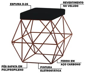 Puff Decorativo Sala de Estar Base Bronze Trixie Veludo Preto G41 - Gran Belo