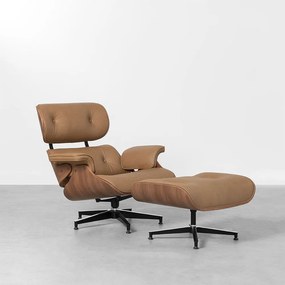 Poltrona Charles Eames com Puff Couro Natural Estonado Castanho - Poltrona Charles Eames com Puff Couro Natural Estonado - Castanho