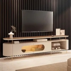 Rack TV 85 Pol 220cm 2 Portas Com LED Ária Off/Castanho - HB Móveis