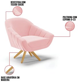 Poltrona Giratória Giovana Suede Base Madeira MA30 D03 - D'Rossi - Rosa Bebê