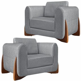 Kit 2 Poltronas Decorativas Pés em Madeira Buzz Linho Cinza G63 - Gran Belo