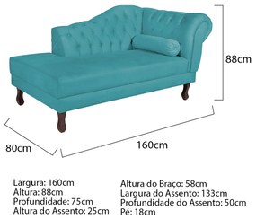Recamier Diana 160cm Lado Esquerdo Suede Azul Turquesa - ADJ Decor