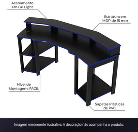 Conjunto Mesa Armário Estante e Gaveteiro para Escritório Home Office Gamer Cool MDP Preto/Azul G69 - Gran Belo