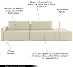 Sofá Ilha Modulado Milos 232cm Puff Lateral Veludo Bege G33 - Gran Belo