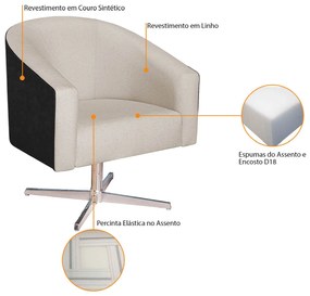 Poltrona Luiza Base Giratória de Metal Factor Preto e Linho - ADJ Decor