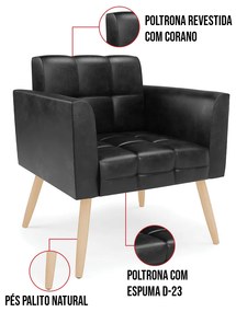 Kit 1 Sofá Namoradeira e 1 Poltrona Elisa Corano Preto Pés Palito Natural D03 - D'Rossi