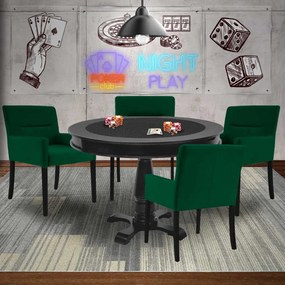 Mesa de Jogos Carteado Redonda Victoria Tampo Reversível Preto com 4 Cadeiras Vicenza Suede Verde G36 G15 - Gran Belo