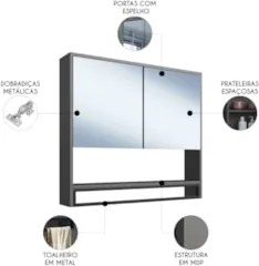 Armário de Banheiro Espelheira com 2 Portas Moscow Grafite Z54 - Mpoze
