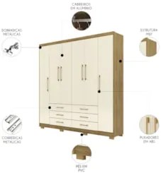 Guarda Roupa Casal 223cm 6 Portas Canadá Nature/Champanhe - Vila Rica