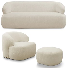 Conjunto Sala de Estar Decorativo Charlote 1 Poltrona Namoradeira 150cm 1 Poltrona Base Fixa com Puff Bouclê Bege G88 - Gran Belo