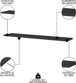 Prateleira Madeira Flutuante Multiuso 68x20 Luara L06 - D'Rossi - Preto