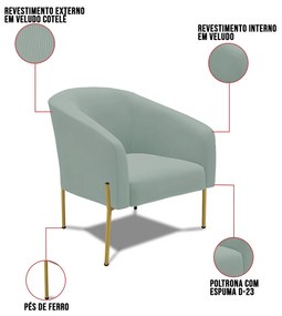 Poltrona Decorativa Pé de Ferro Dourado Stella Cotelê Ext/Veludo D03 - D'Rossi - Menta