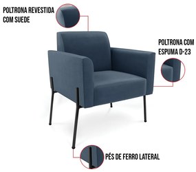 Poltrona Pé de Ferro Preto para Sala Marisa Suede D03 - D'Rossi - Azul Marinho
