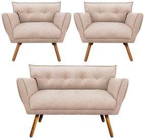 Kit 1 Namoradeira 2 Lugares E 2 Poltronas Anitta Suede Pés Palito Castanho D03 - D'Rossi - Bege