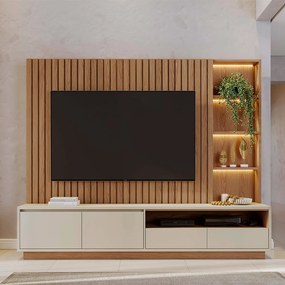 Home Estante Monterrey Decorativo TV até 82 MDP/HDF 240cm Fitas LED Nichos Freijó/Off White G73 - Gran Belo