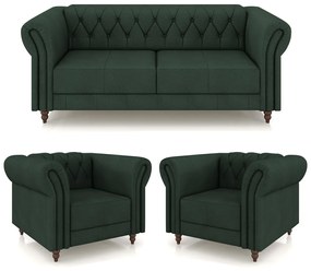 Conjunto Sala de Estar 1 Sofá Living 180cm e 2 Poltronas Stanford Chesterfield Pés Madeira Couro Verde G58 - Gran Belo