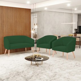 Namoradeira e 2 Poltronas Pé Palito Natural Stella Veludo D03 - D'Rossi - Verde