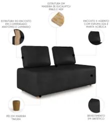 Sofá 2 Lugares 148cm Sala de Estar Rovier Sintético Preto Z32 - Mpozen